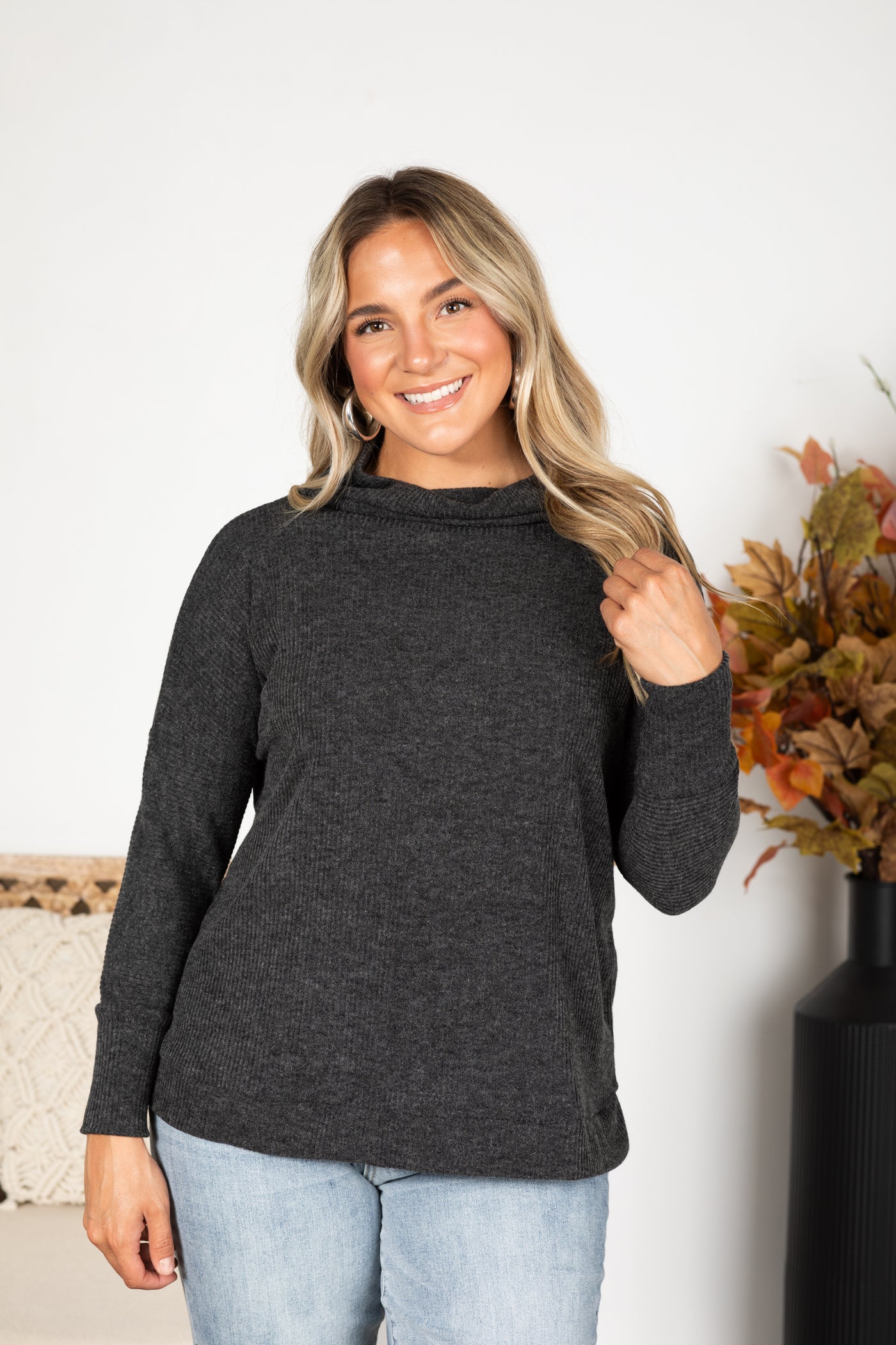 Cowl Neck Ribbed Long Sleeve Knit Top