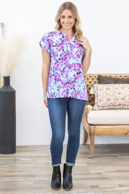 Aqua and Purple Floral Wrinkle Free Lizzy Top