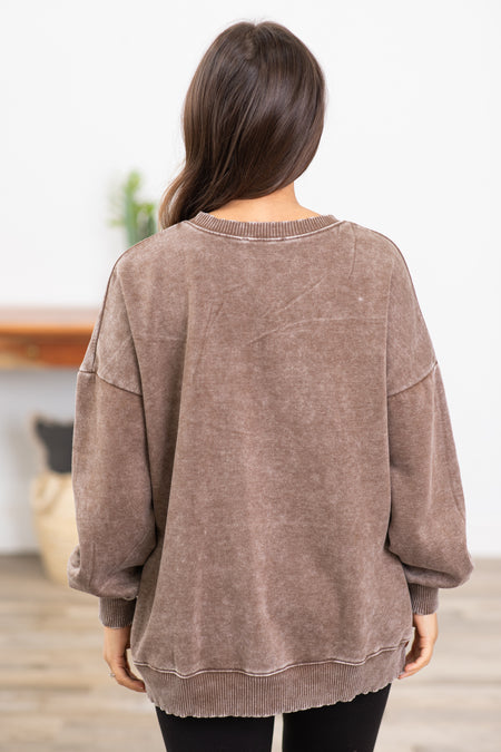 Mocha Pigment Dyed Step Hem Sweatshirt