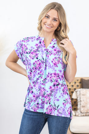 Aqua and Purple Floral Wrinkle Free Lizzy Top