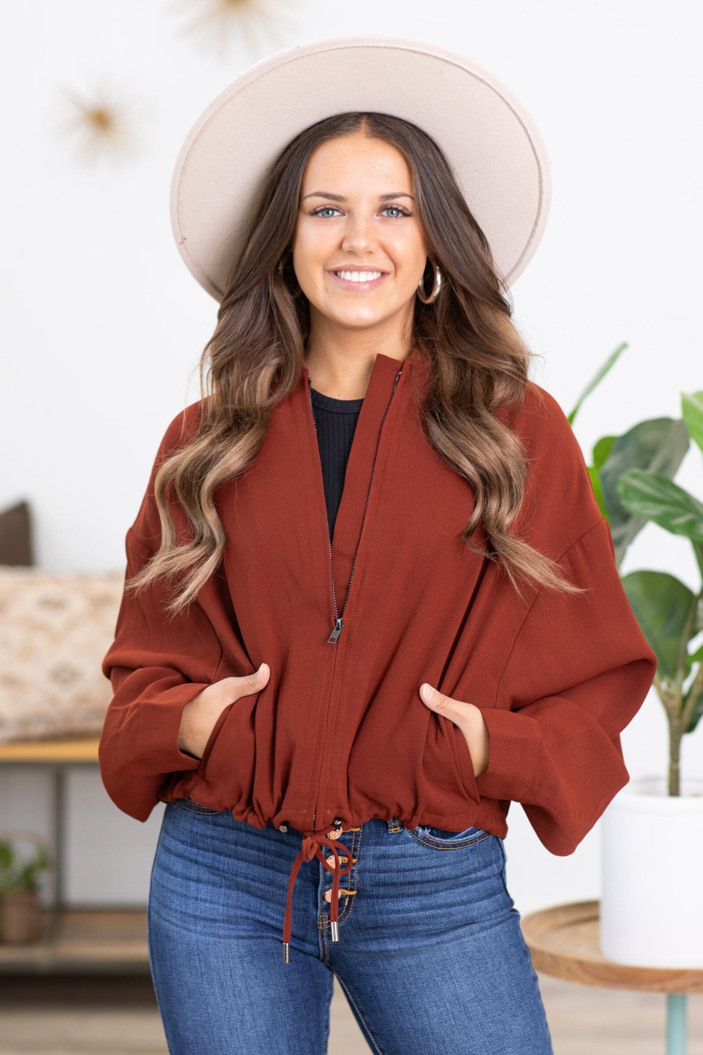 Rust Adjustable Drawstring Waist Jacket - Filly Flair