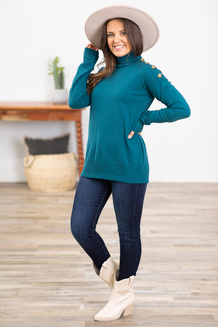 Teal Mock Neck Sweater With Button Detail