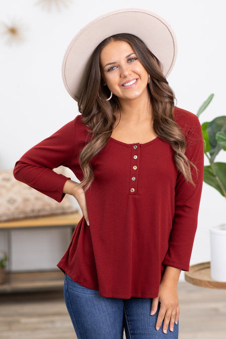 Burgundy 3/4 Sleeve Henley Top - Filly Flair