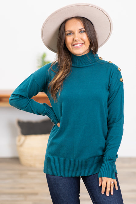 Teal Mock Neck Sweater With Button Detail