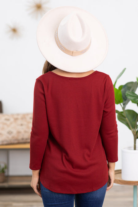 Burgundy 3/4 Sleeve Henley Top - Filly Flair