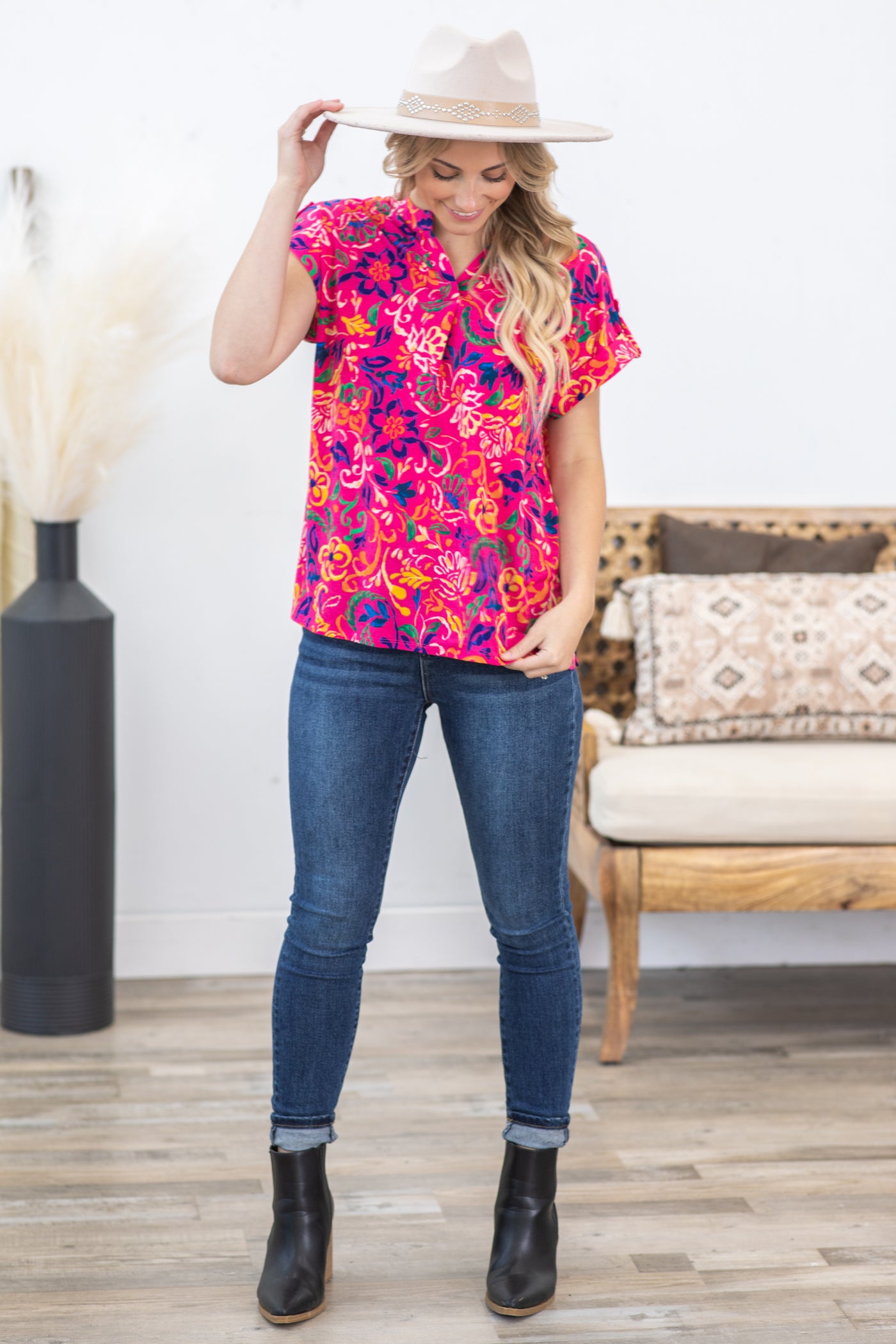 Hot Pink Printed Wrinkle Free Lizzy Top