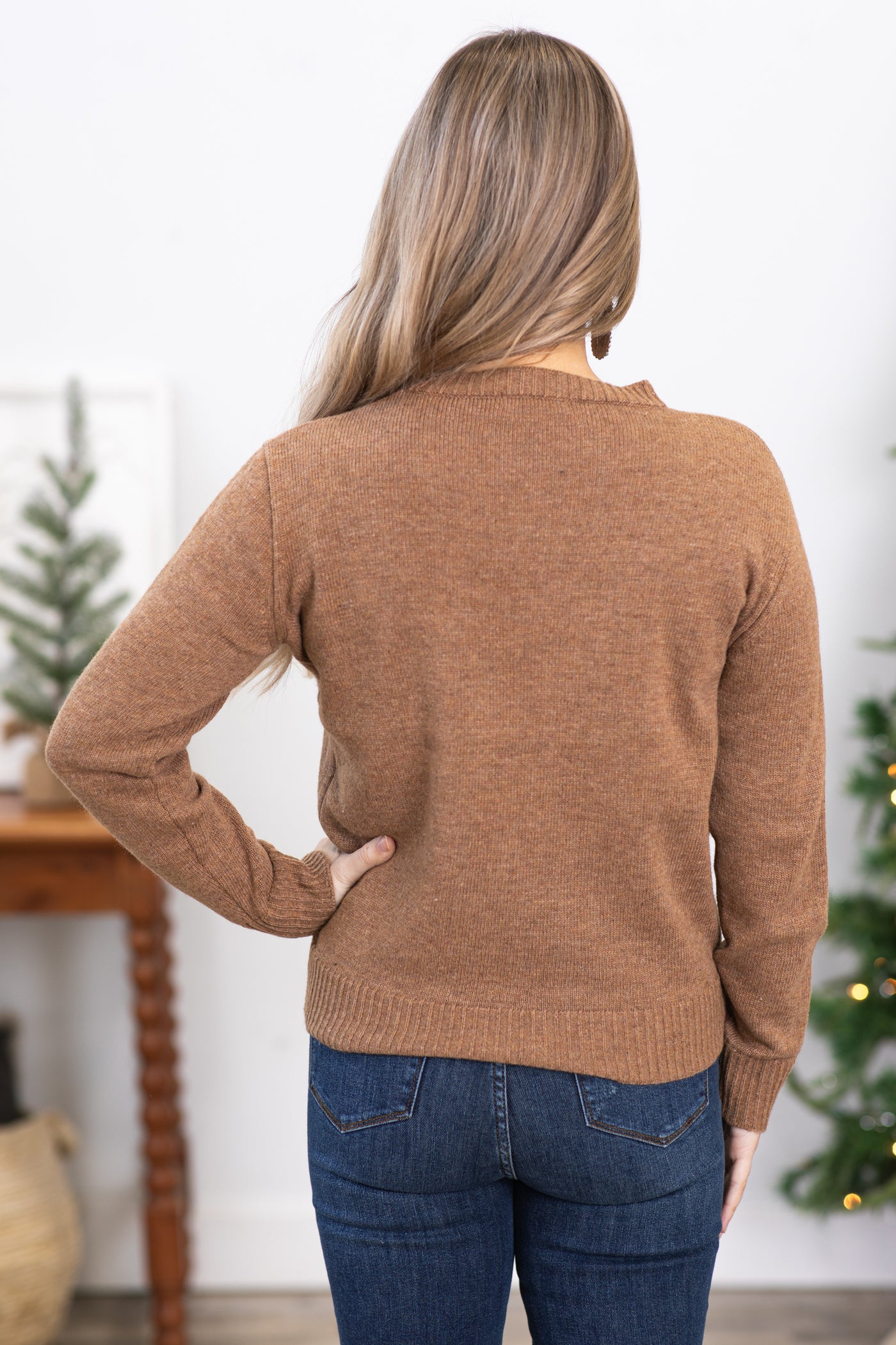 Mocha Round Neck Ribbed Trim Sweater