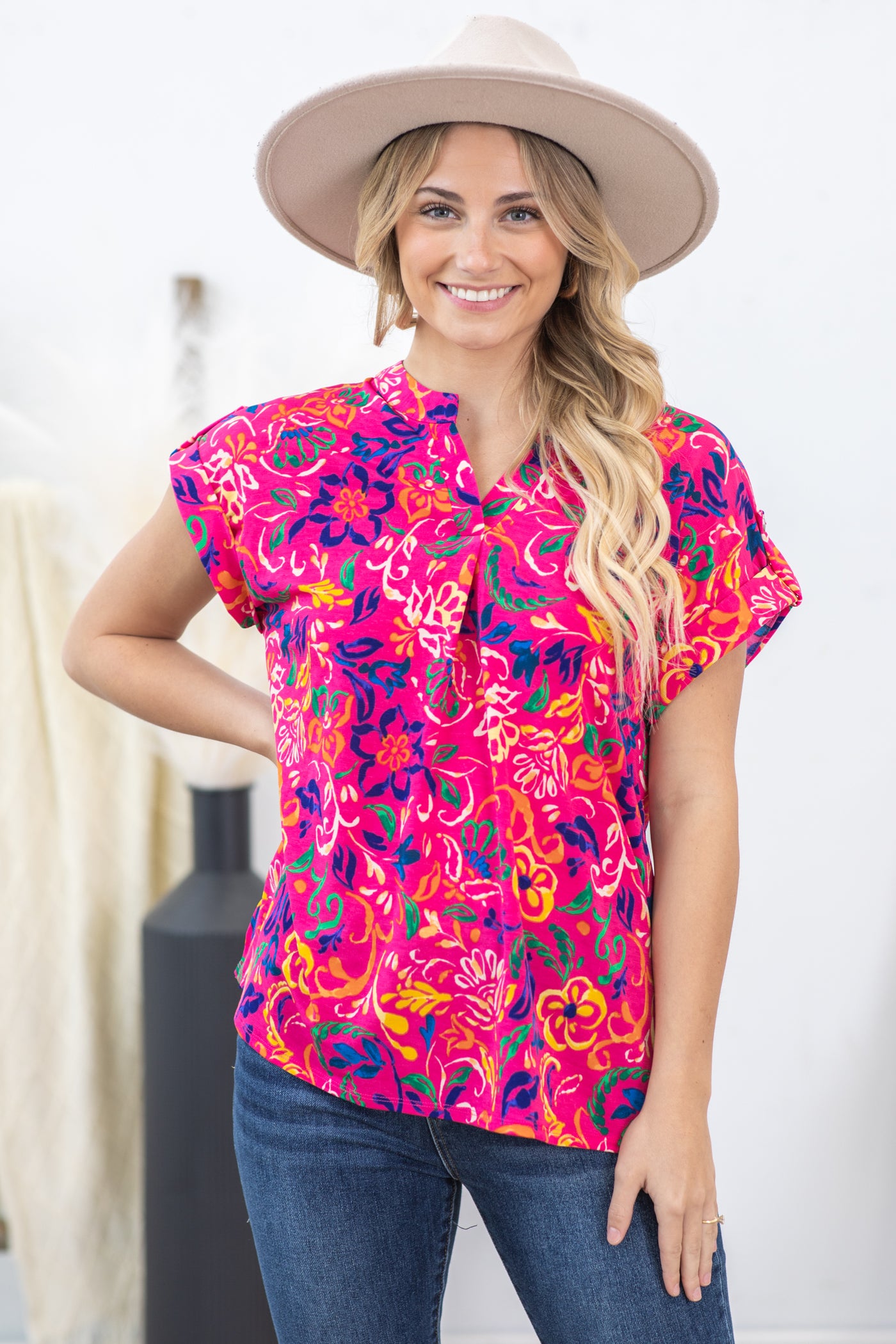 Hot Pink Printed Wrinkle Free Lizzy Top