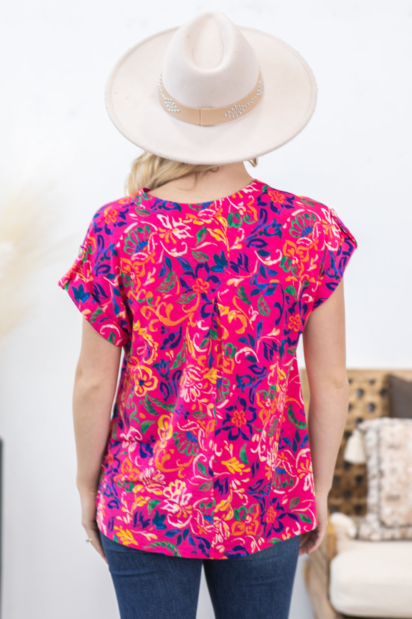 Hot Pink Printed Wrinkle Free Lizzy Top