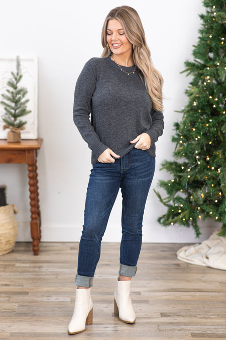 Graphite Round Neck Ribbed Trim Sweater