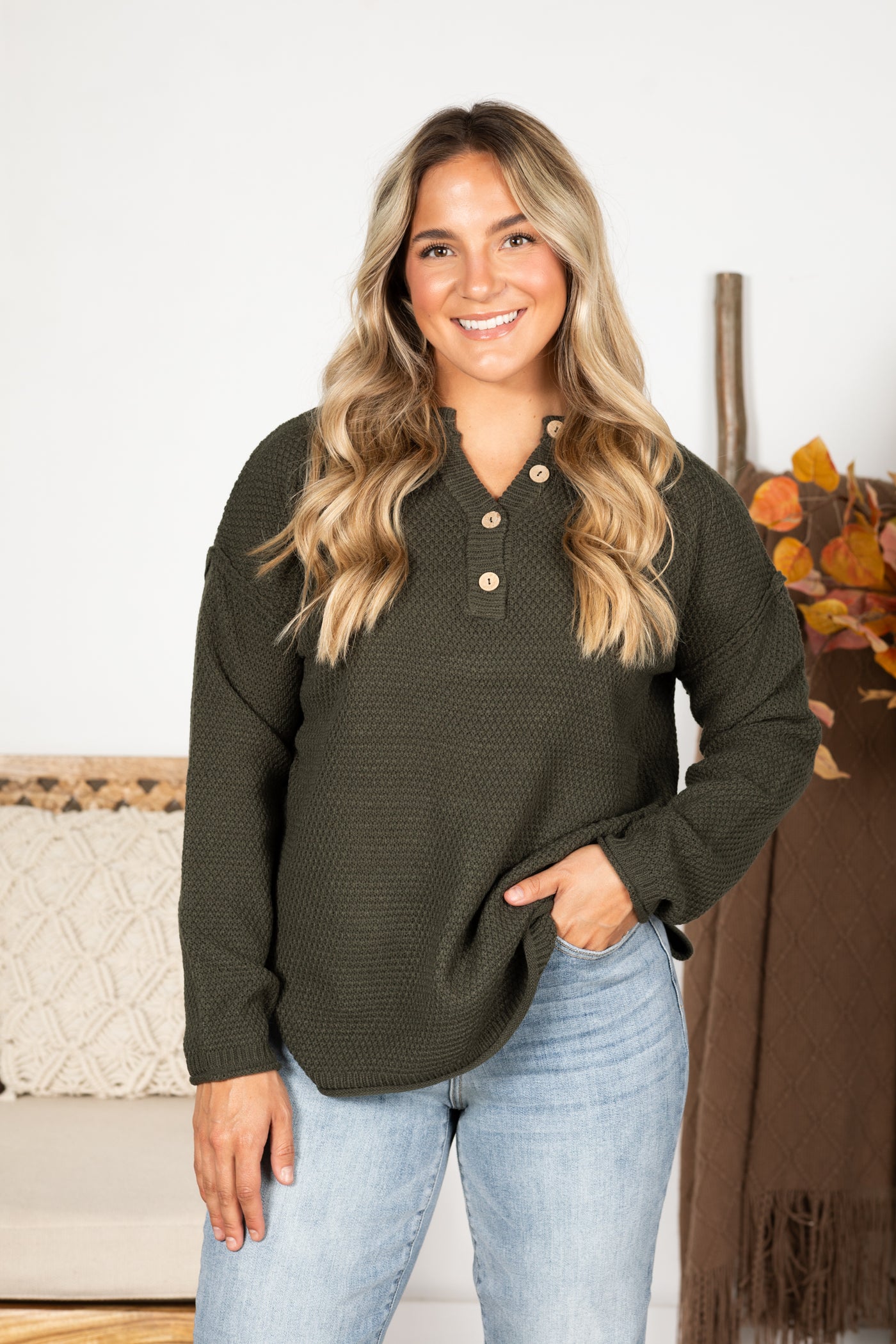 Button Henley Neckline Basic Sweater