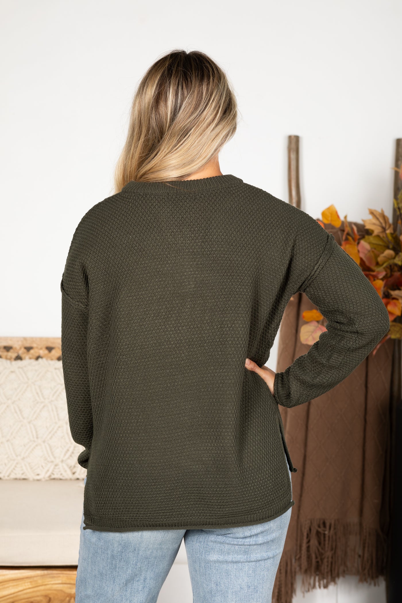 Button Henley Neckline Basic Sweater