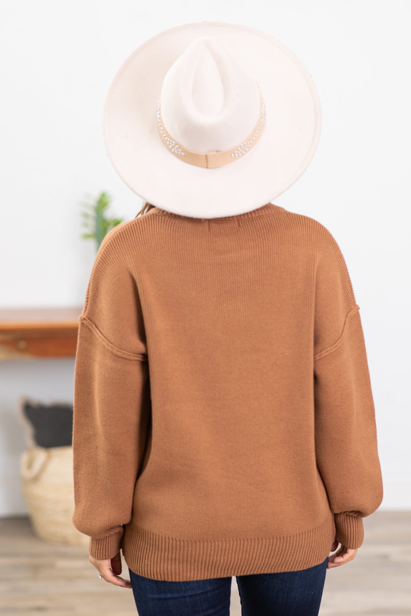 Mocha Drop Shoulder Ribbed Trim Sweater