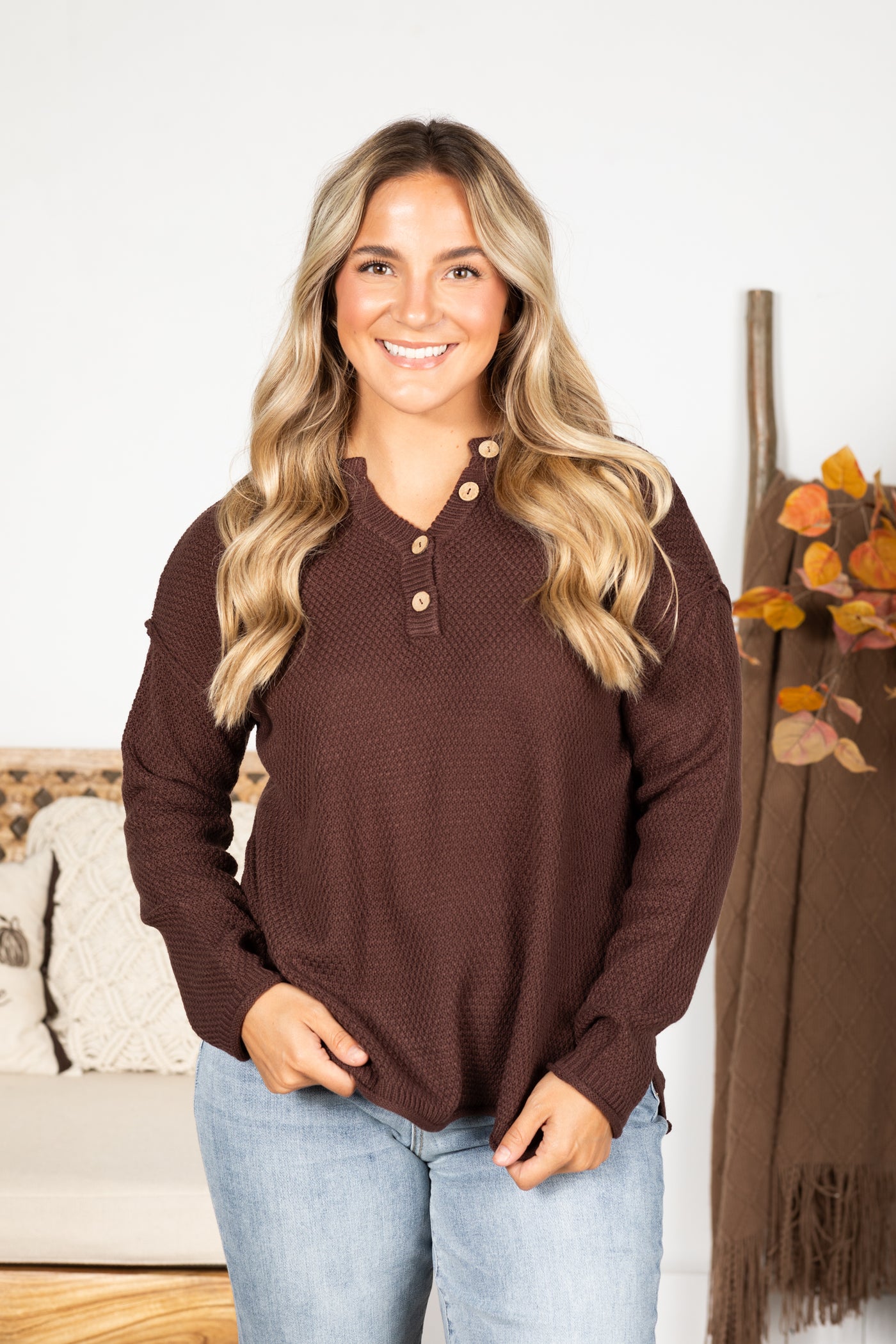 Button Henley Neckline Basic Sweater