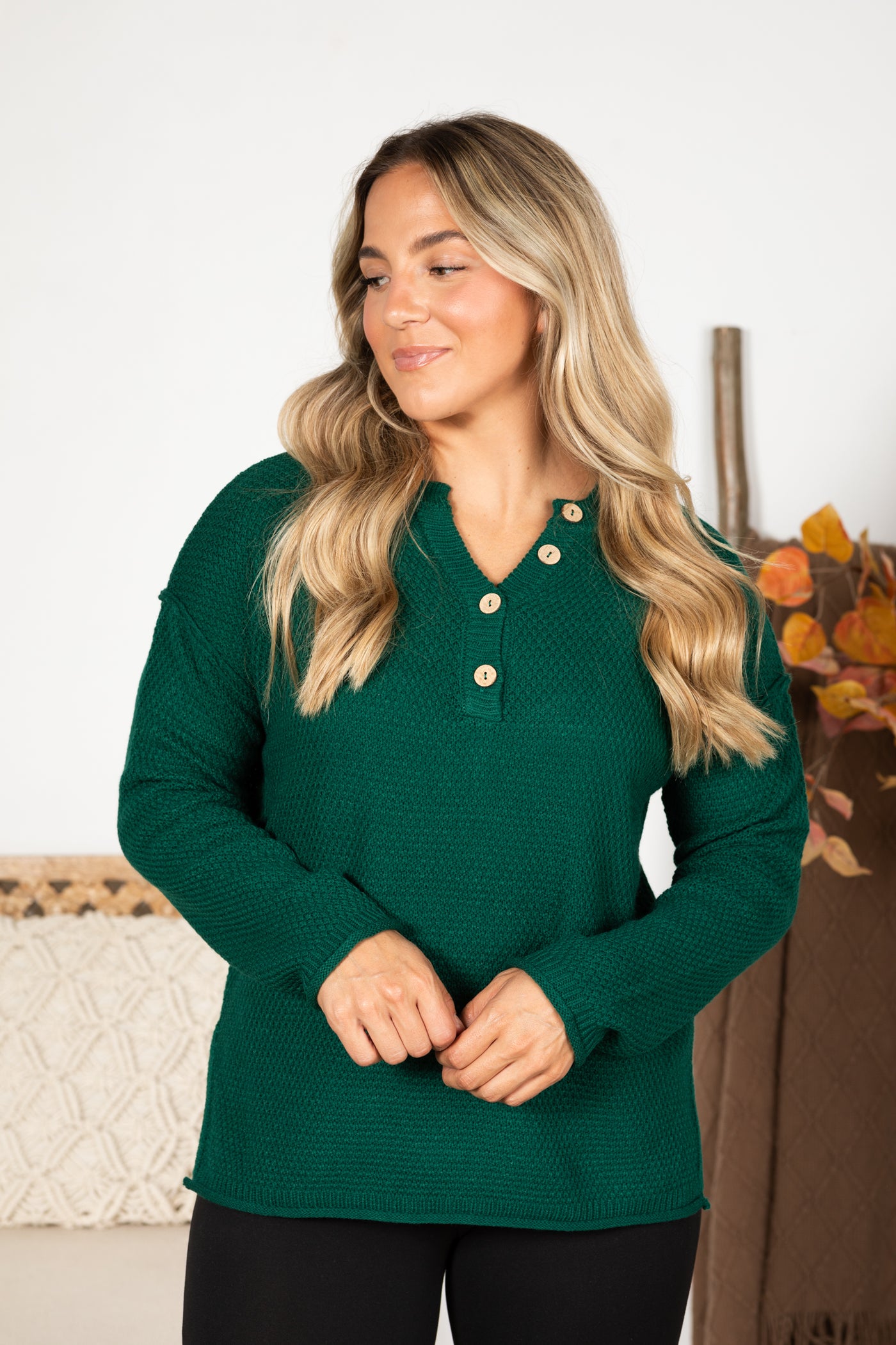 Button Henley Neckline Basic Sweater