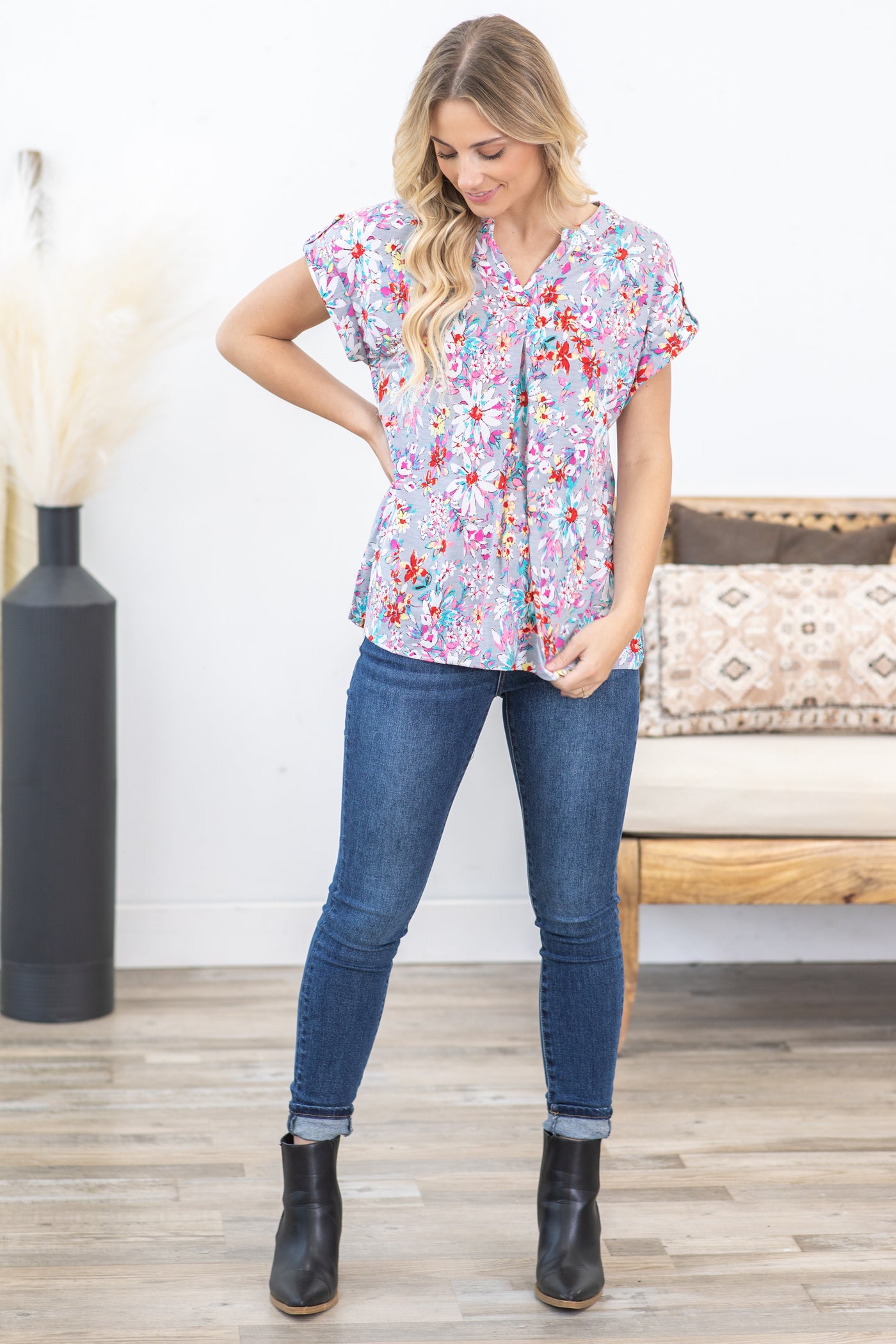 Grey Floral Print Wrinkle Free Lizzy Top