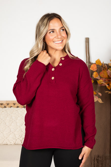 Button Henley Neckline Basic Sweater