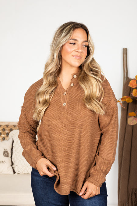 Button Henley Neckline Basic Sweater