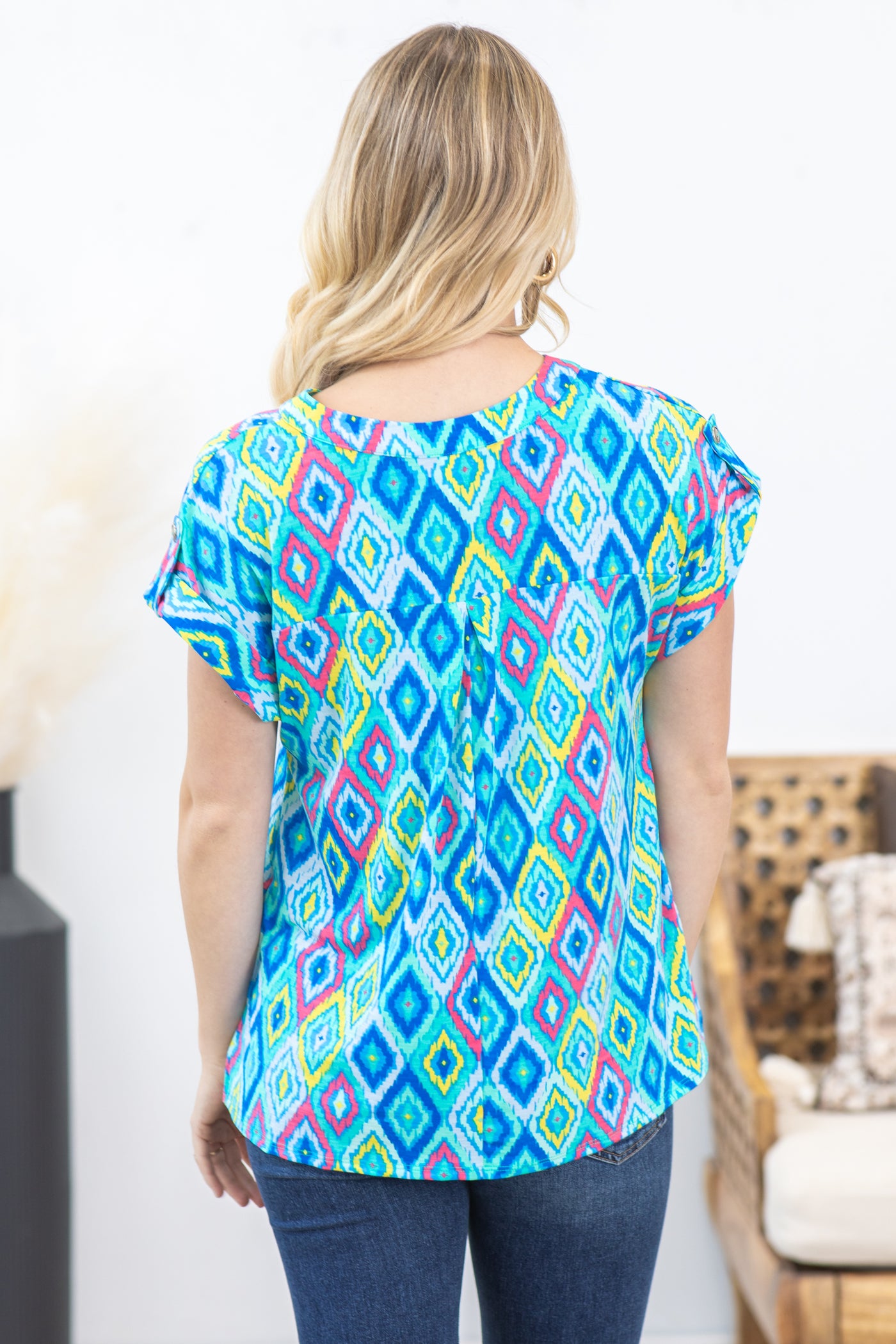 Blue Diamond Print Wrinkle Free Lizzy Top