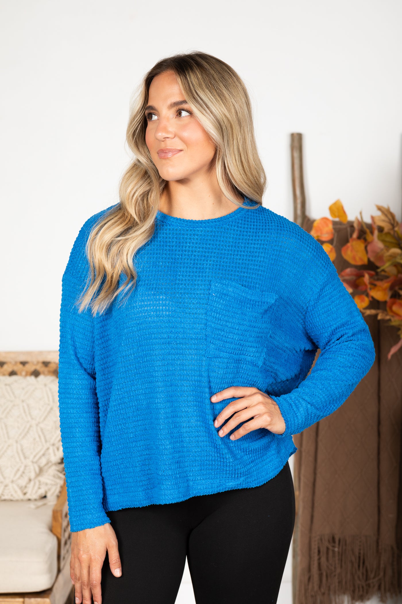 Waffle Knit Sweater With Pocket