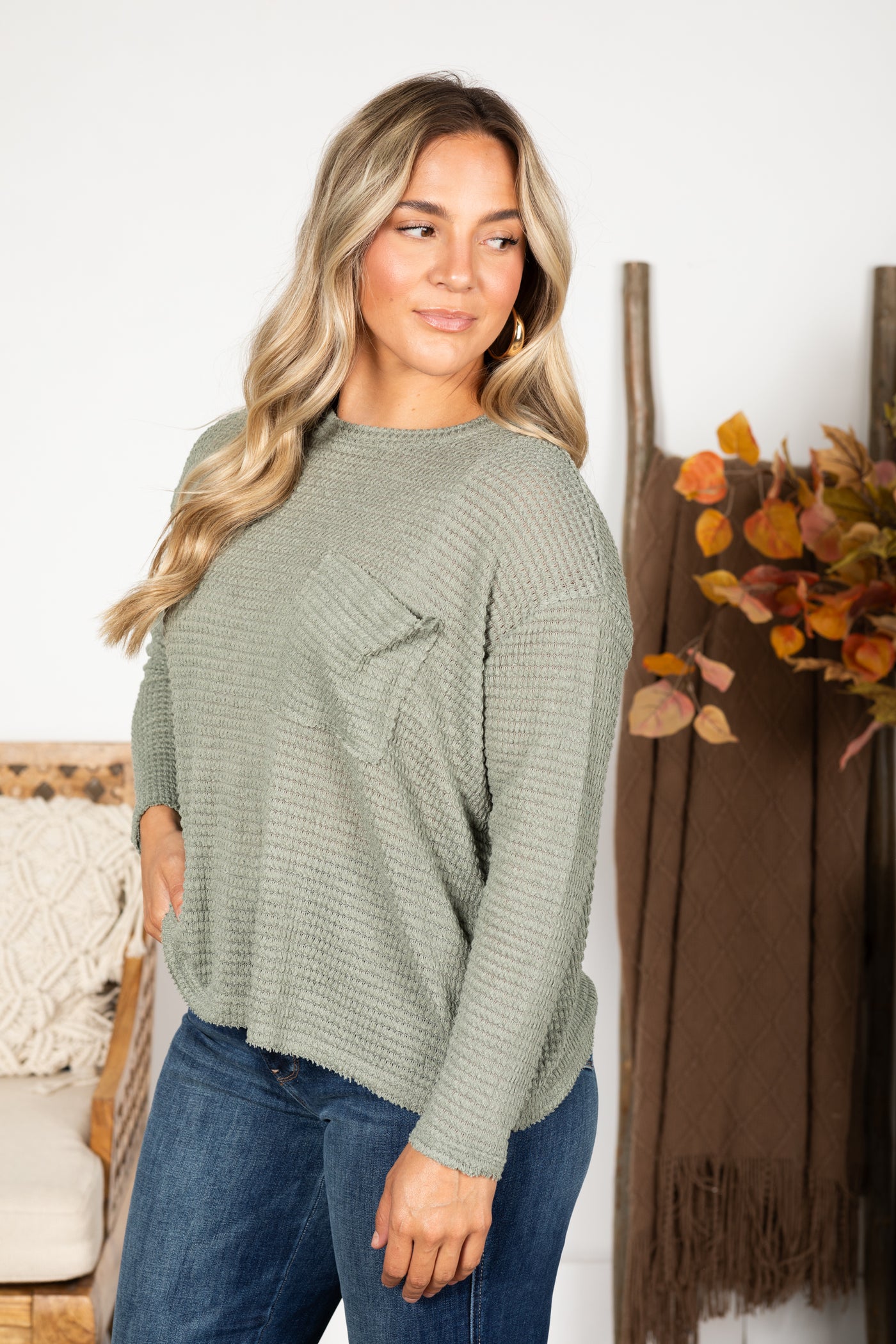 Waffle Knit Sweater With Pocket