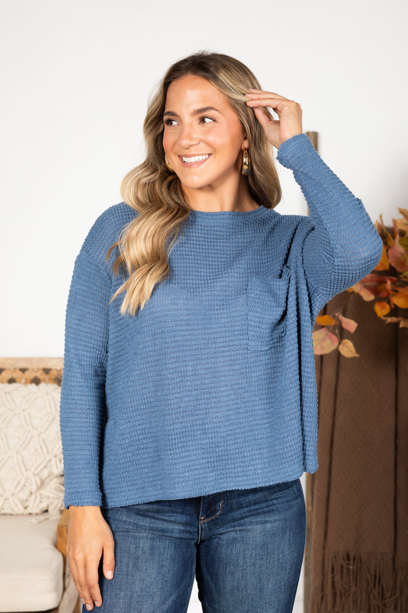 Waffle Knit Sweater With Pocket