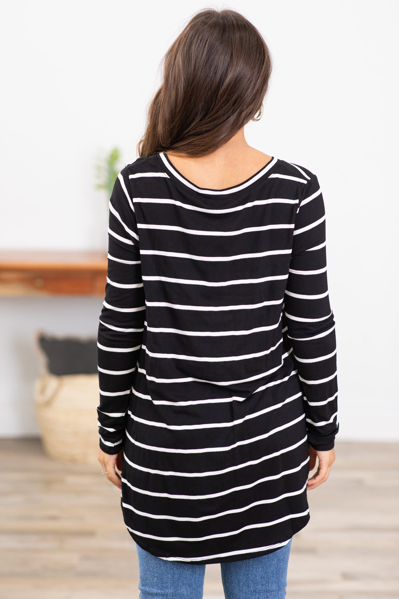 Off White and Black Stripe V-Neck Top