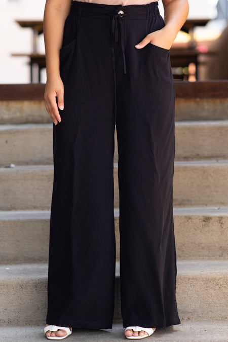 Black Elastic Waist Wide Leg Pants - Filly Flair