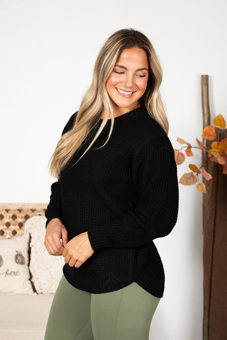 Waffle Knit Round Hem Sweater