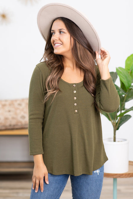 Olive 3/4 Sleeve Henley Top - Filly Flair