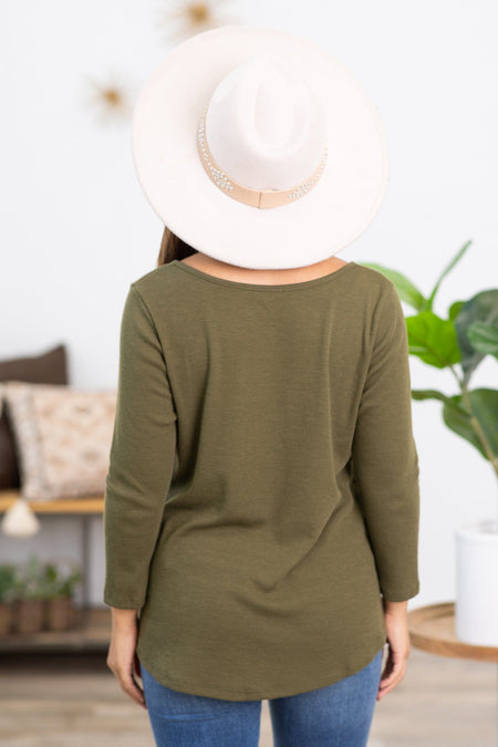 Olive 3/4 Sleeve Henley Top - Filly Flair