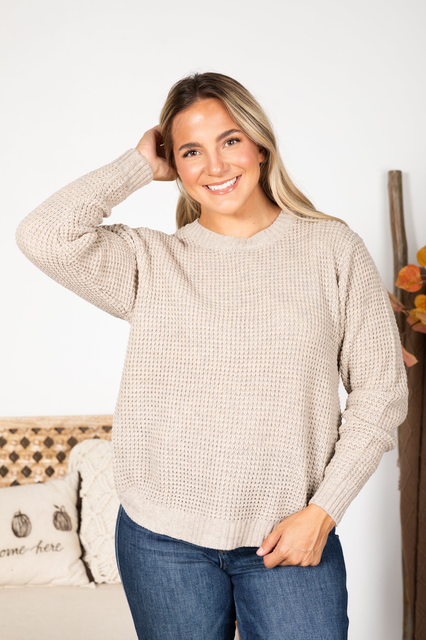 Waffle Knit Round Hem Sweater