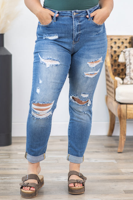 Judy Blue Cuffed Boyfriend Jean With Distress