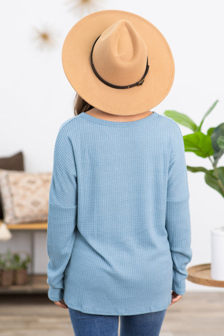 Slate Blue Waffle Knit Pocket Detail Top - Filly Flair