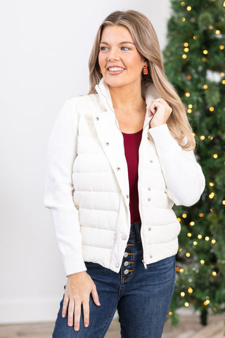 Ivory Thermal Jacket With Knit Trim