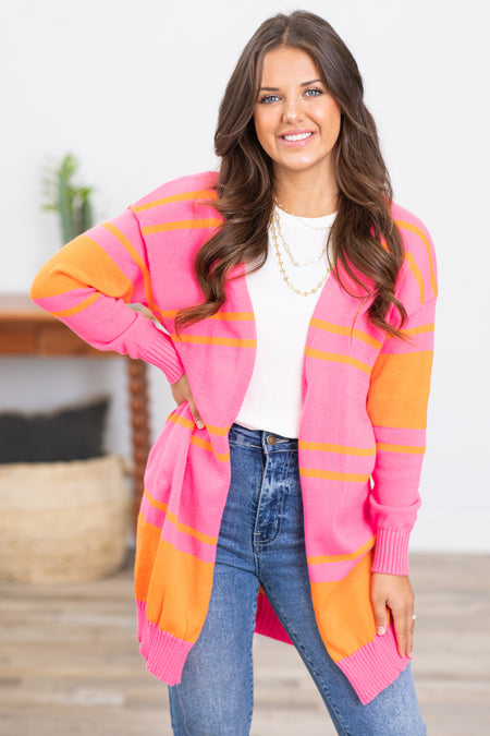 Neon Pink and Neon Orange Stripe Cardigan