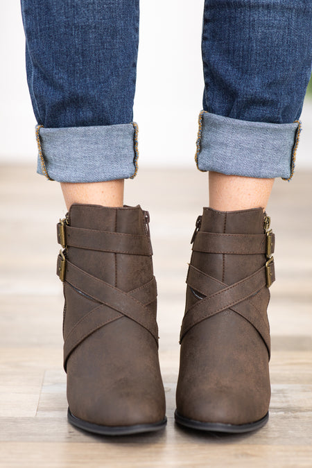 Brown Booties With Wrap Buckle Detail