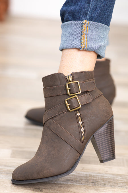 Brown Booties With Wrap Buckle Detail