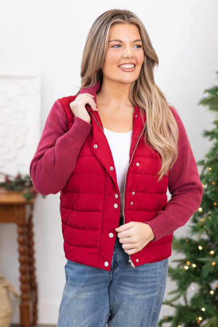 Burgundy Thermal Jacket With Knit Trim