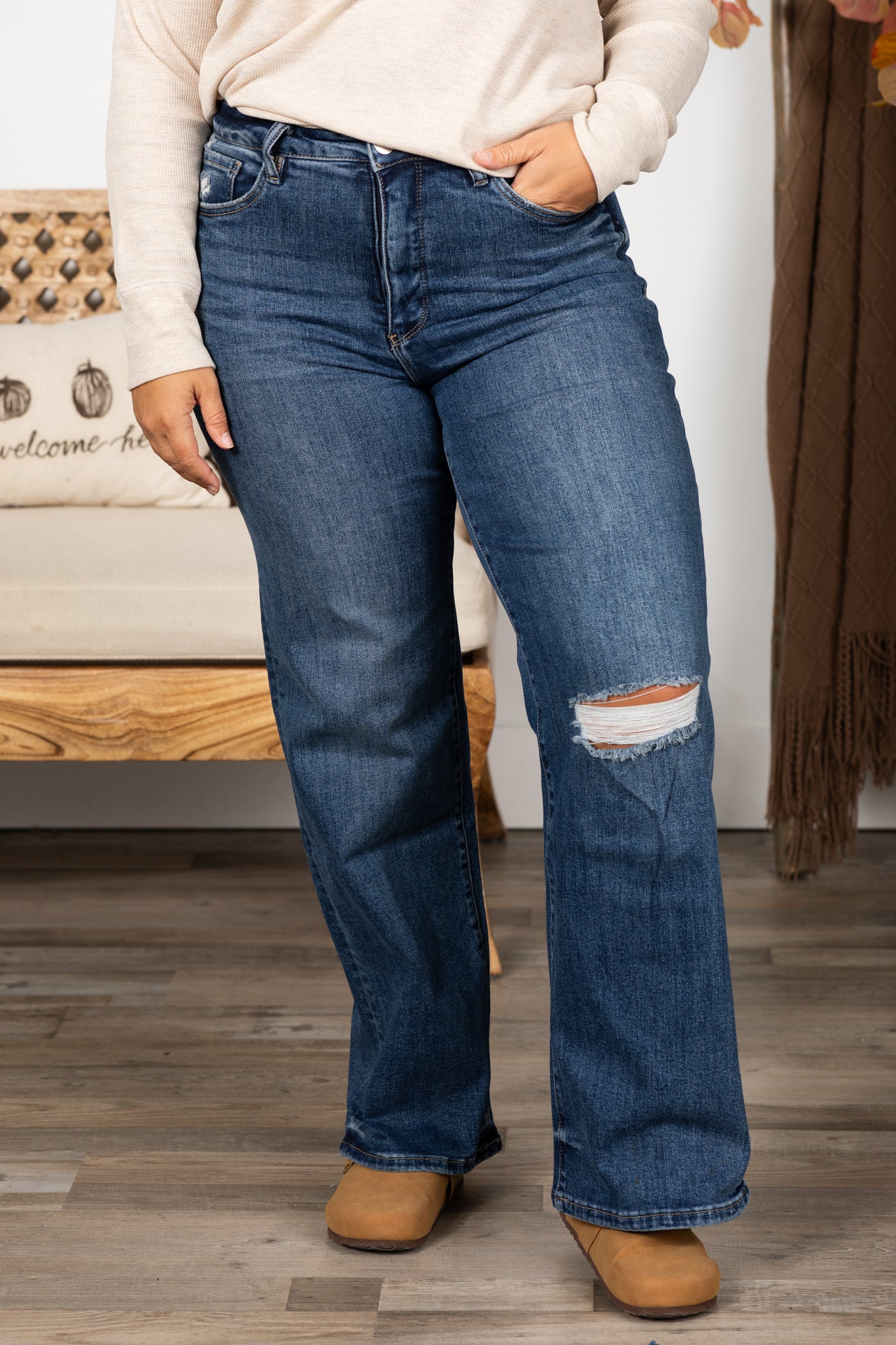 RFM Medium Wash Distress Knee Wide Leg Jean