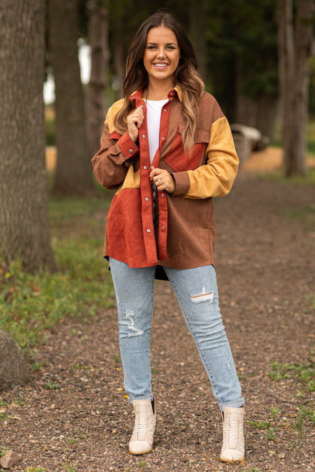 Rust and Mustard Colorblock Faux Suede Shacket - Filly Flair