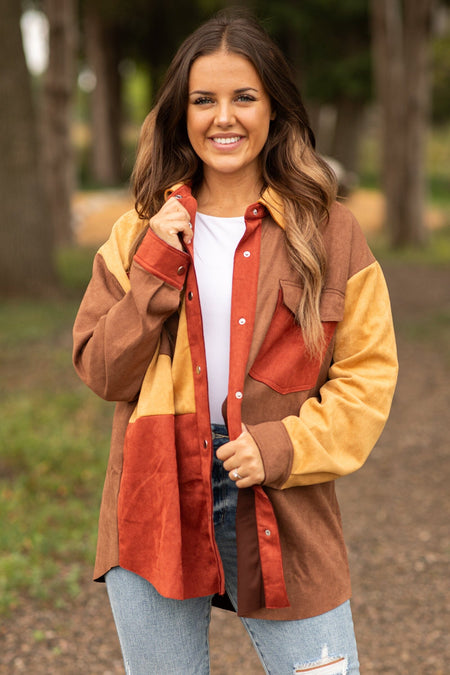 Rust and Mustard Colorblock Faux Suede Shacket - Filly Flair