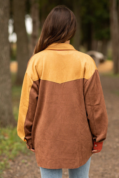 Rust and Mustard Colorblock Faux Suede Shacket - Filly Flair