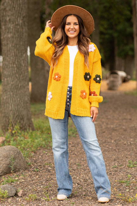 Golden Yellow Flower Embroidery Cardigan - Filly Flair