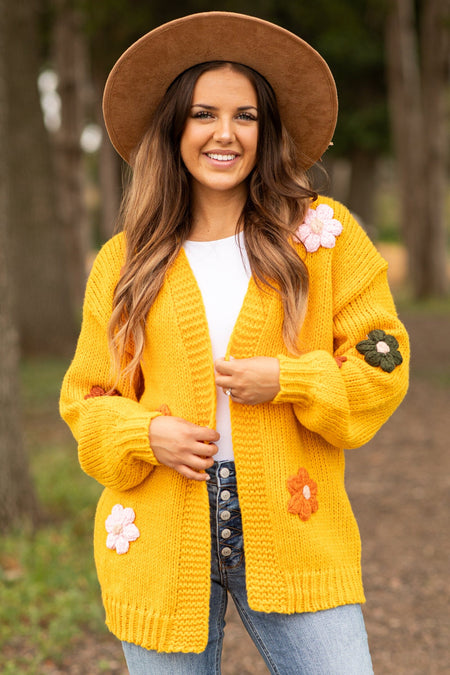 Golden Yellow Flower Embroidery Cardigan - Filly Flair