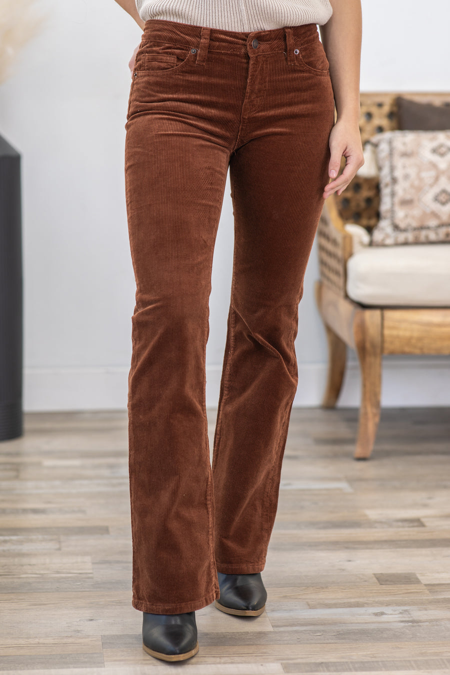 Mica Cognac Mid Rise Corduroy Bootcut Pants