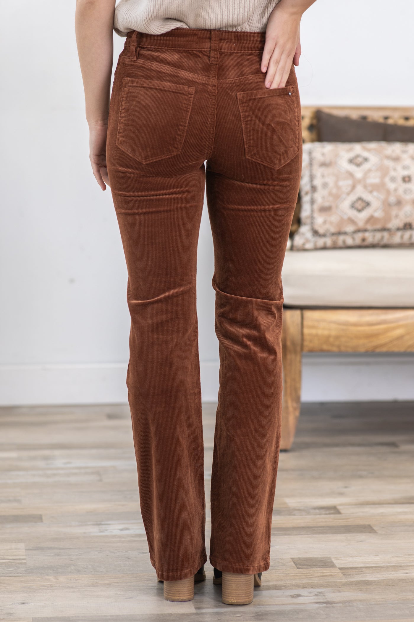 Mica Cognac Mid Rise Corduroy Bootcut Pants