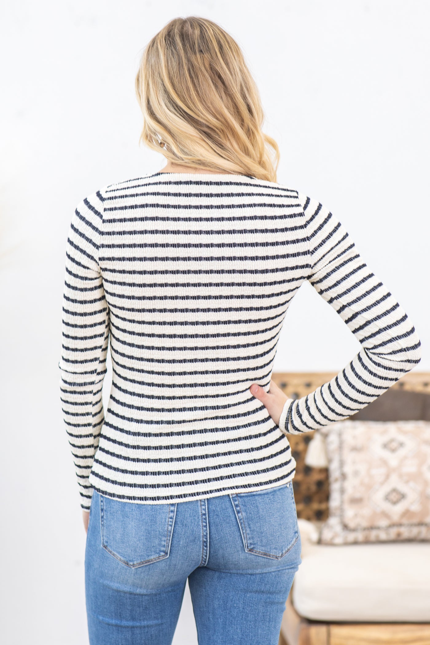 Striped Jaquared Knit Long Sleeve Top