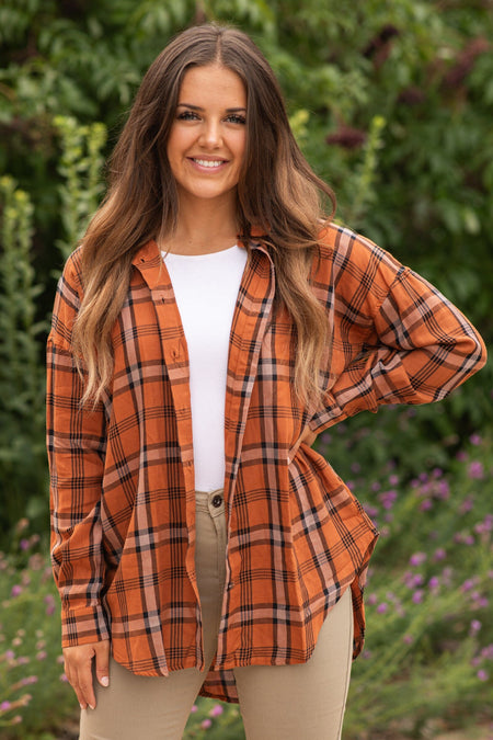 Burnt Orange Plaid Button Up Top - Filly Flair