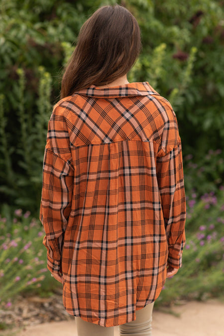 Burnt Orange Plaid Button Up Top - Filly Flair